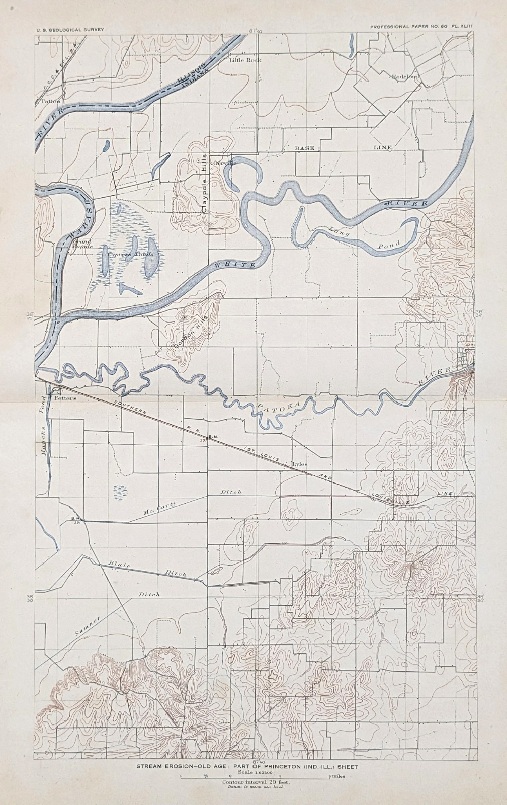 1908 INDIANA – WABASH RIVER – PATOKA RIVER Map ORIGINAL Topographical GIBSON CTY