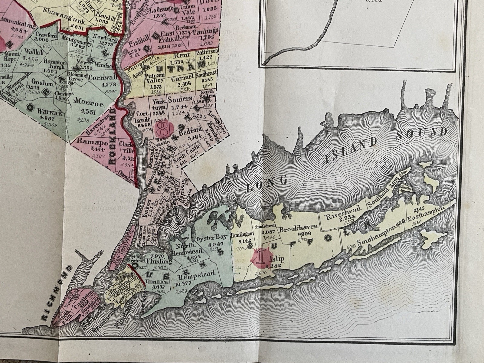 Antique Census Map State of New York Hand Colored D.T. Valentine Lithograph