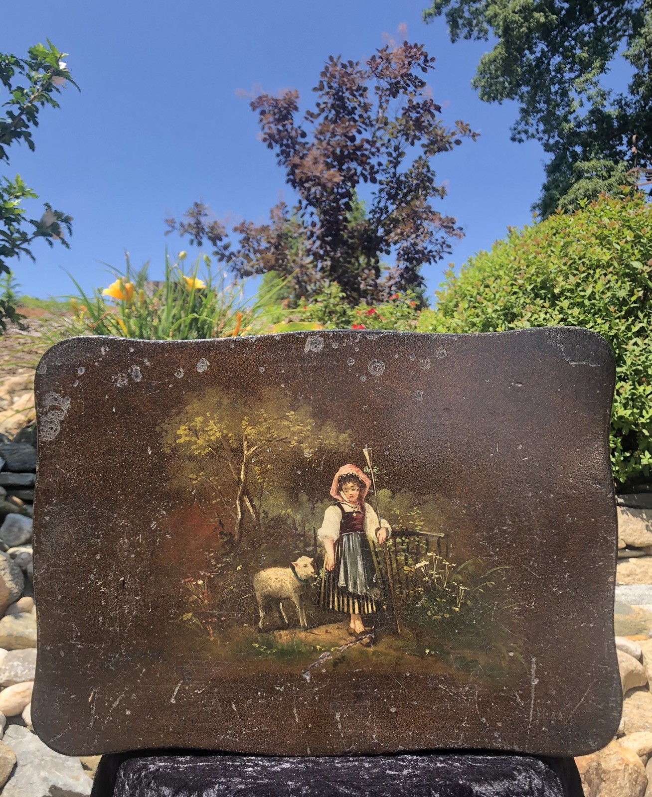 Antique 19 C. Victorian Signed Hand Painted Wood Shepard Girl Sheep Jewelry Box