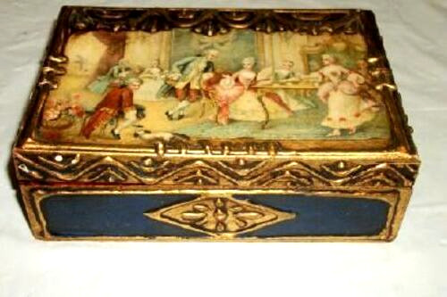 1920s ITALIAN FLORENTINE GILT WOOD BOX GESSO FRENCH SCENE MARBLED INTERIOR OLD