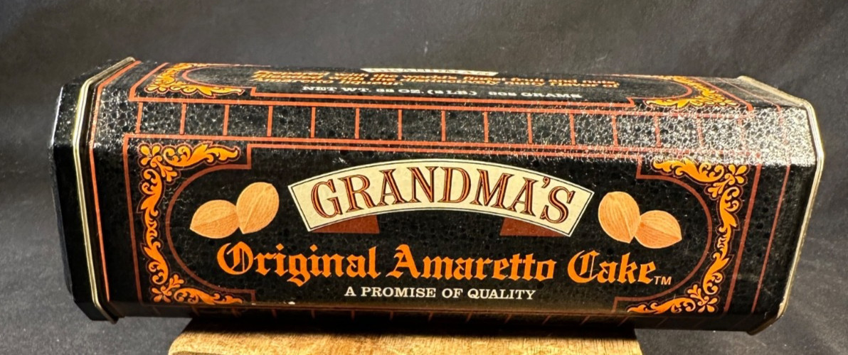 Grandma’s Vintage Amaretto Cake Tin Made In England Black & Orange Empty