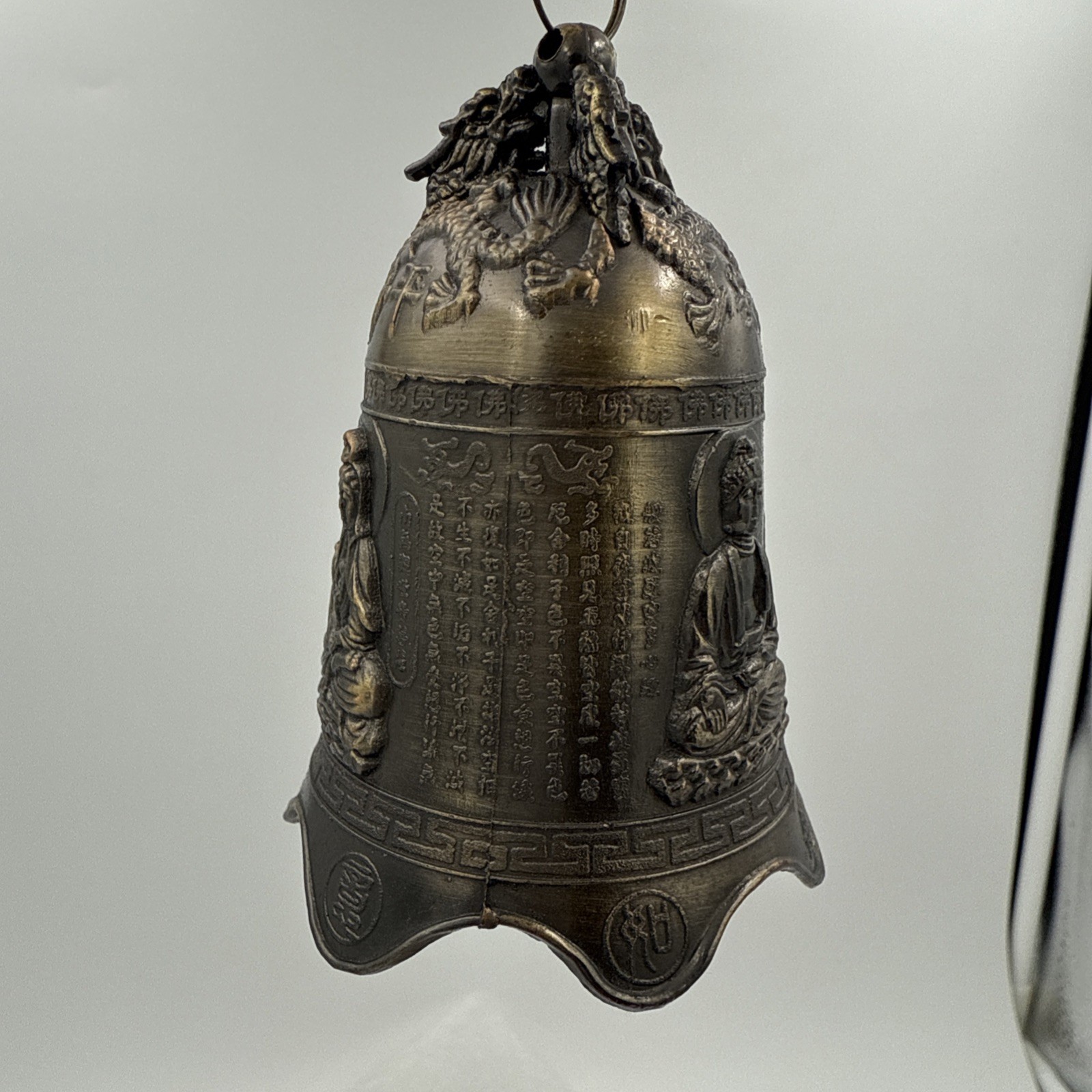 Bronze Buddhist Temple Bell Dragon & Buddha Relief Asian Hanging Wind Chime