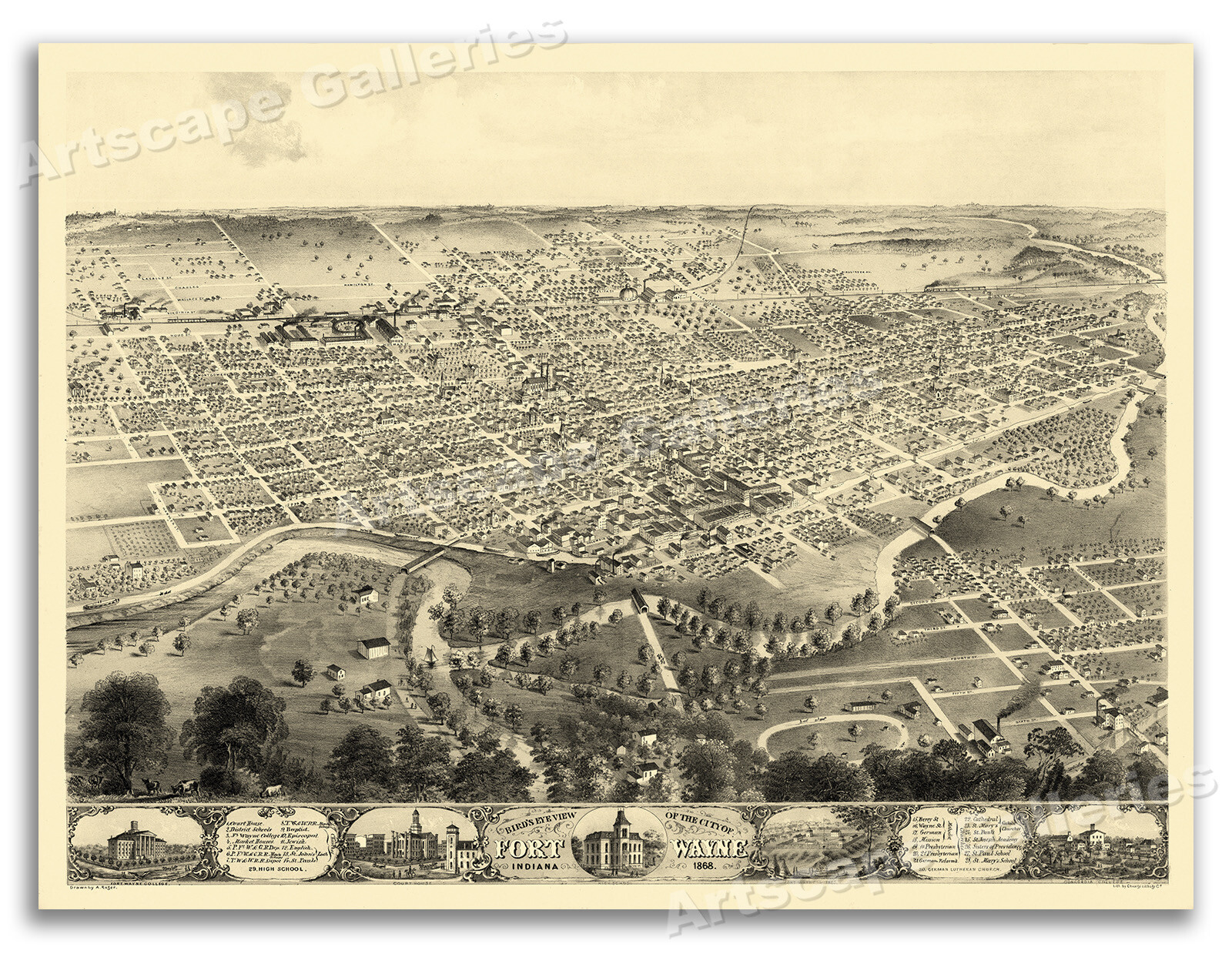 Fort Wayne Indiana 1868 Historic Panoramic Town Map – 18×24