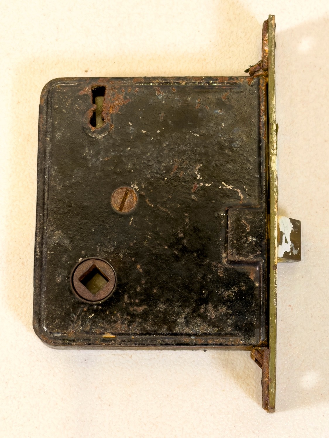 Antique Victorian Cast Iron Mortise Door Lock c.1890 Brass Faceplate Salvage