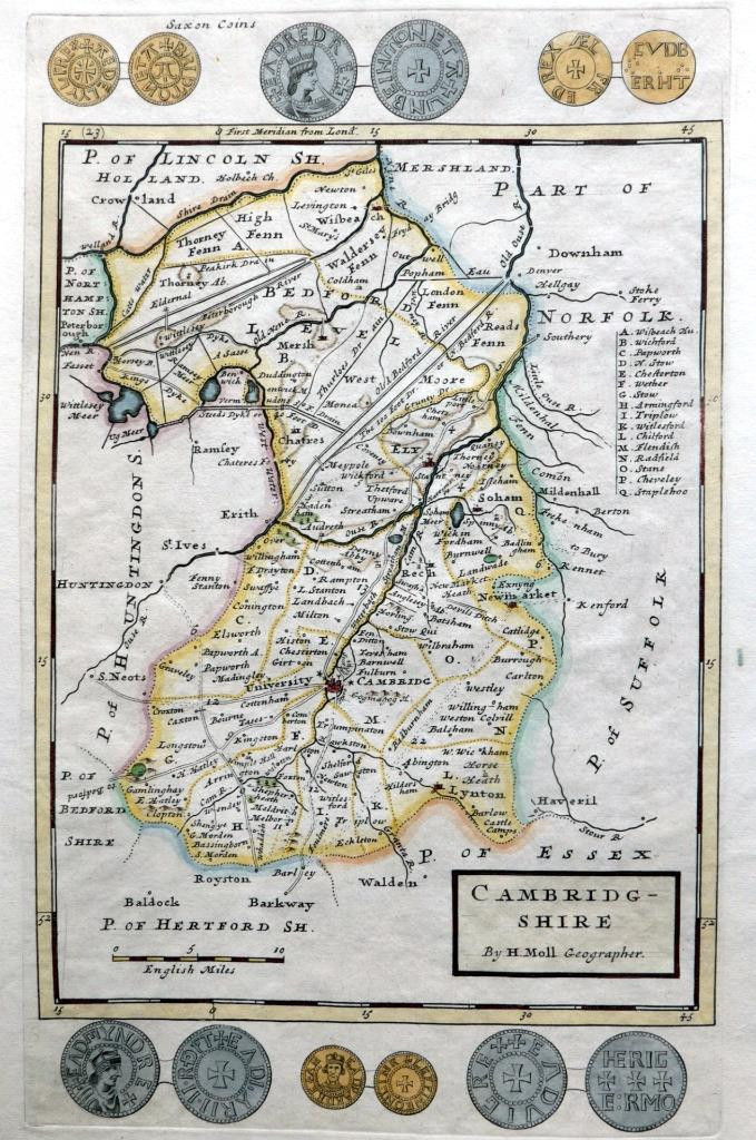 CAMBRIDGESHIRE BY HERMAN MOLL c1724 GENUINE ORIGINAL ANTIQUE COPPER ENGRAVED MAP