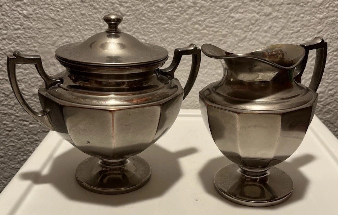 VTG MANNING BOWMAN Creamer & Sugar AMERICAN EMPIRE Silverplate over Copper USA