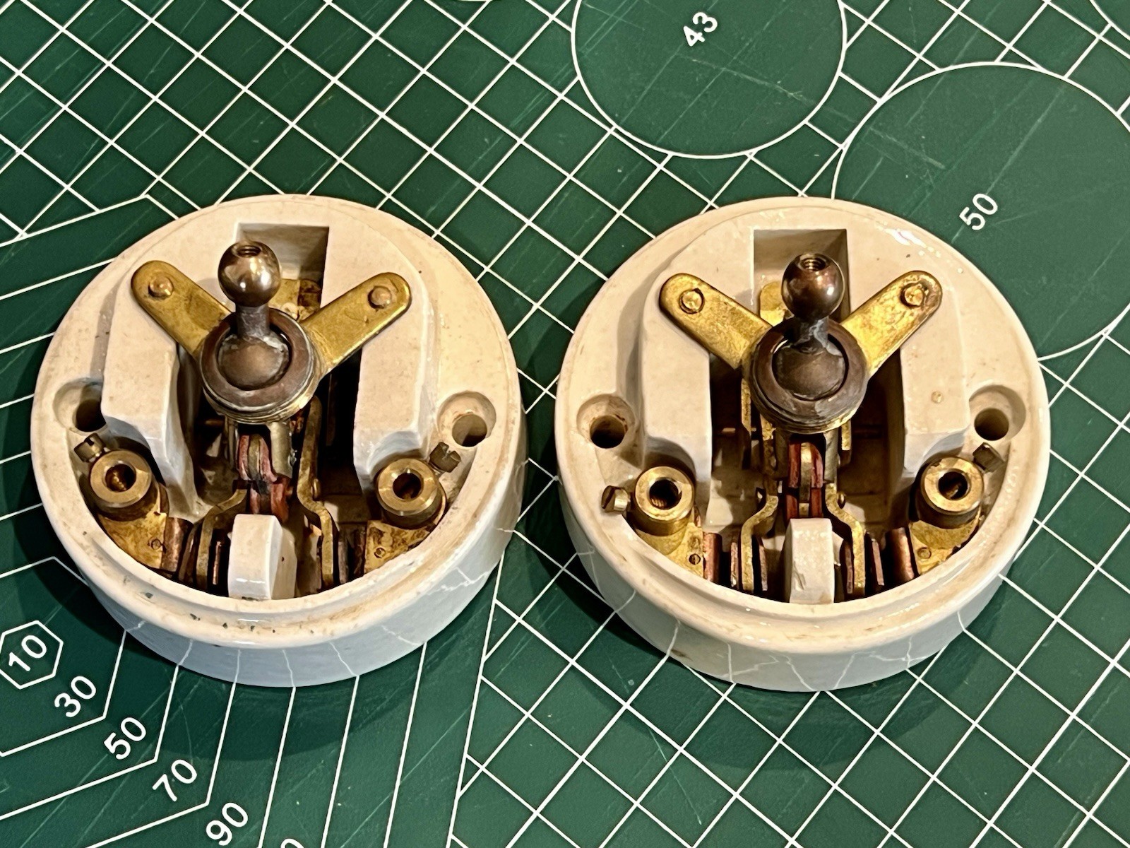 Antique Toggle Switch Brass and Porcelain Double Dolly Switch