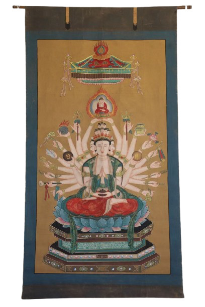 Vintage China Polychrome Painting Scroll of Thousand-Armed Guanyin Fengshui Art