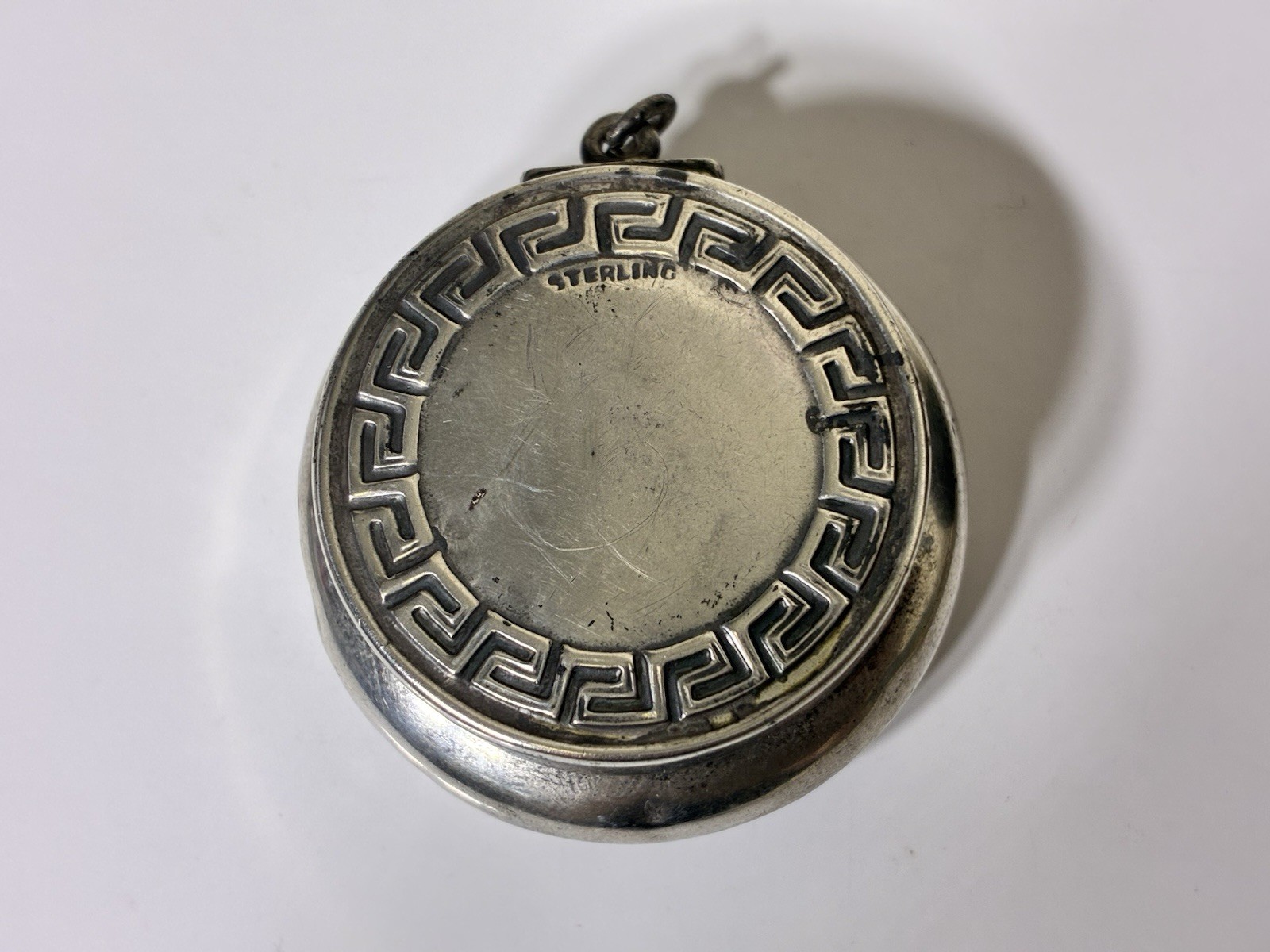 Art Deco Sterling Silver Pill Box Pendant Greek Key Compact Mirror Vintage 1920s