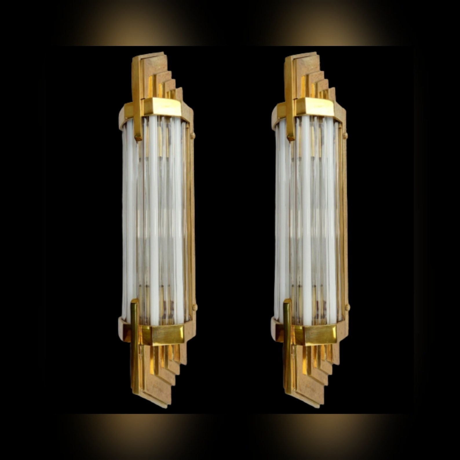 Pair Vintage Art Deco Skyscraper Wall Sconces Brass Milk Glass Rod Lamp Light