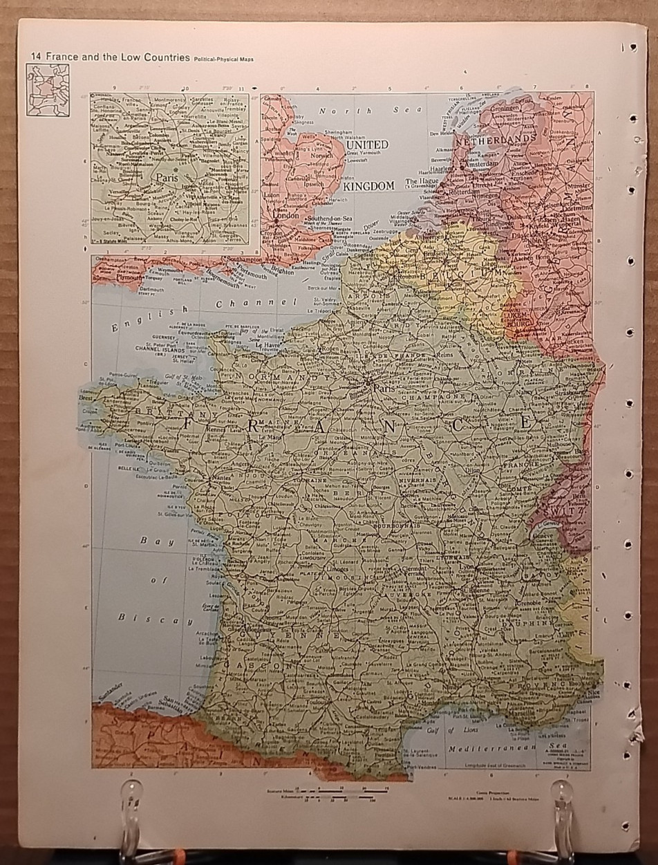 1966 Vintage FRANCE Map from MCM Full Color Encyclopedia Britannica World Atlas
