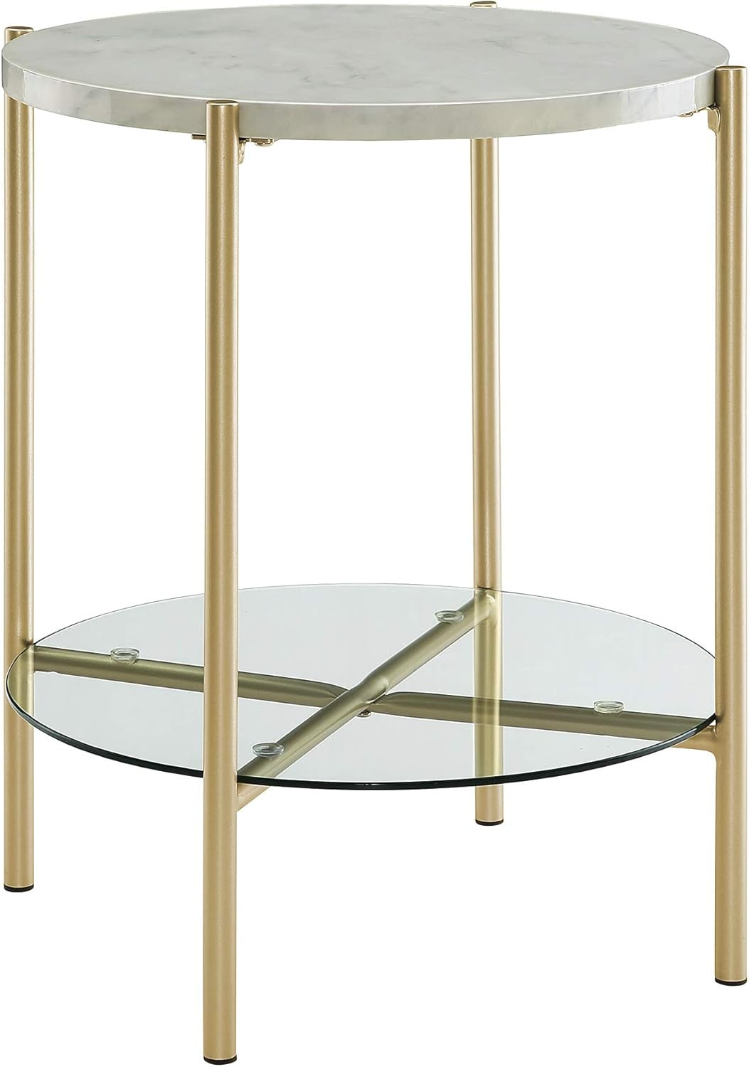 Mid Century Modern Marble & Glass Round Accent Table – 20″ Gold Finish