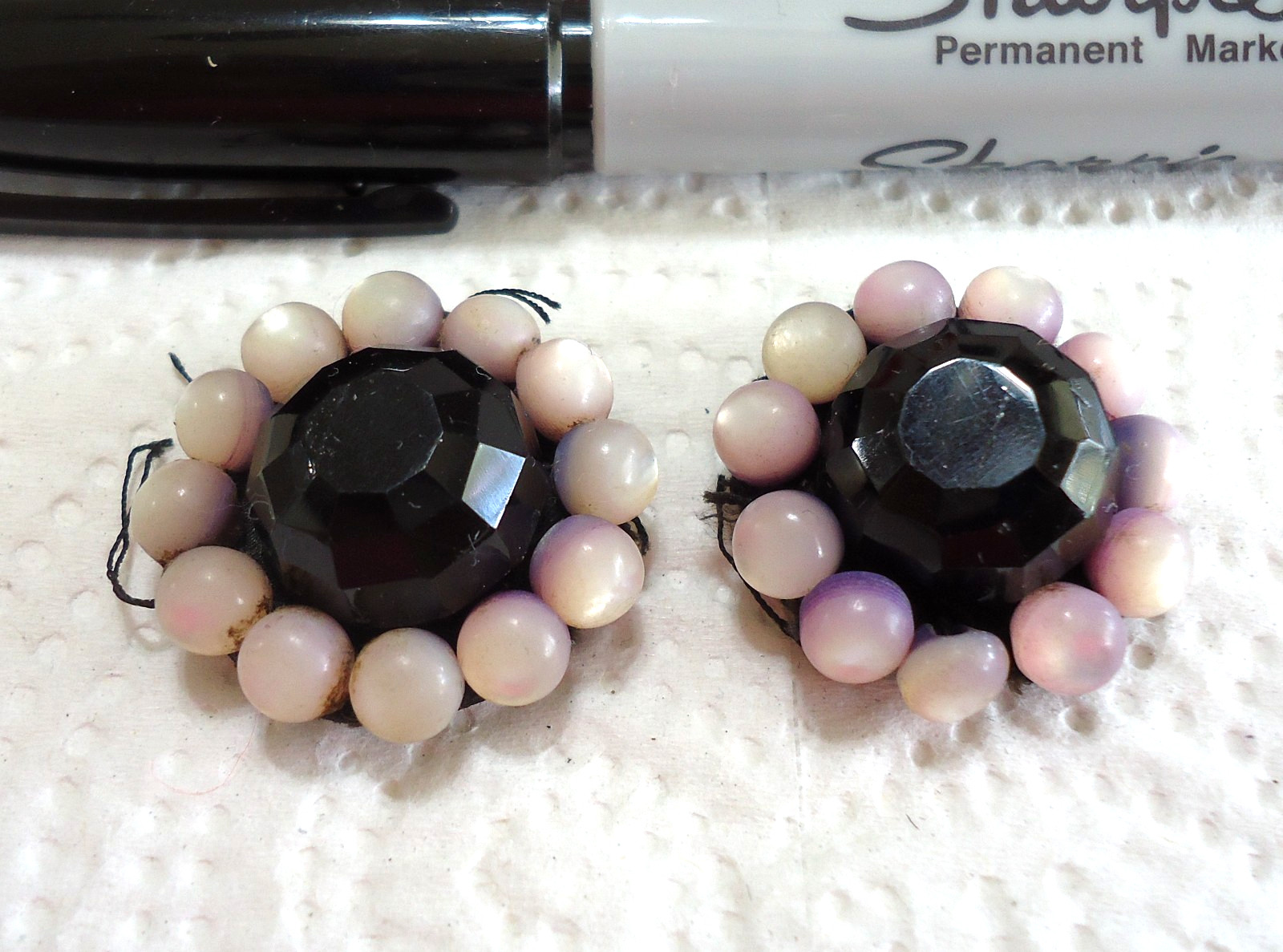 Lot of 2 Antique Black Glass & Pearl Passementerie Buttons 1 1/8″