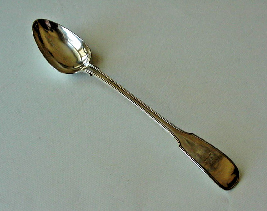 HUGE 13 INCH FIDDLE & THREAD BASTING SILVER PLATE SERVING SPOON ARMORIAL CREST