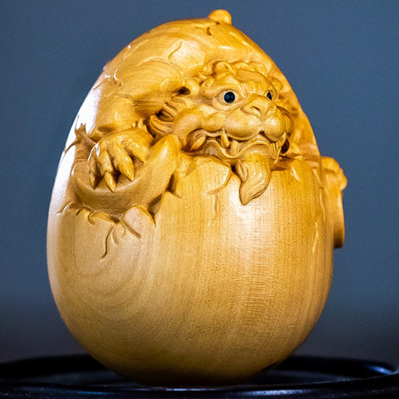 TL118 – 2″ Boxwood Carved Netsuke Figurine – Baby Dragon in Egg