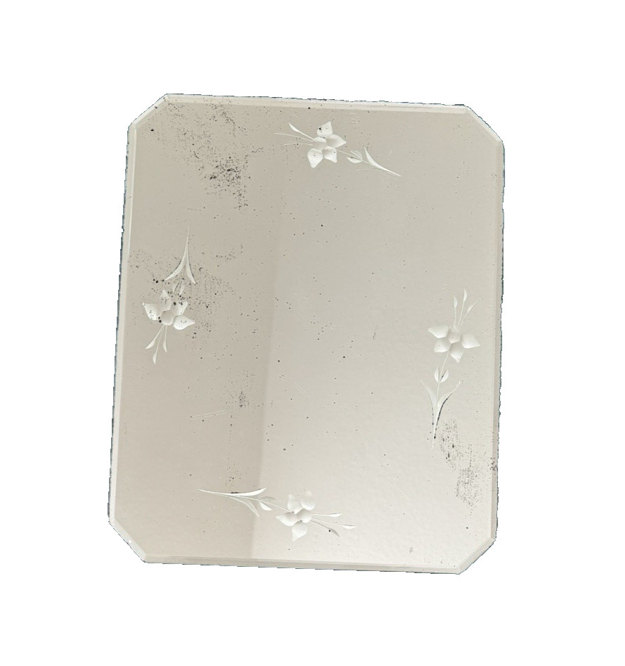 Antique Frameless Art Deco 13 1/2″ X 11″ Octagon Vanity Mirror Beveled & Etched