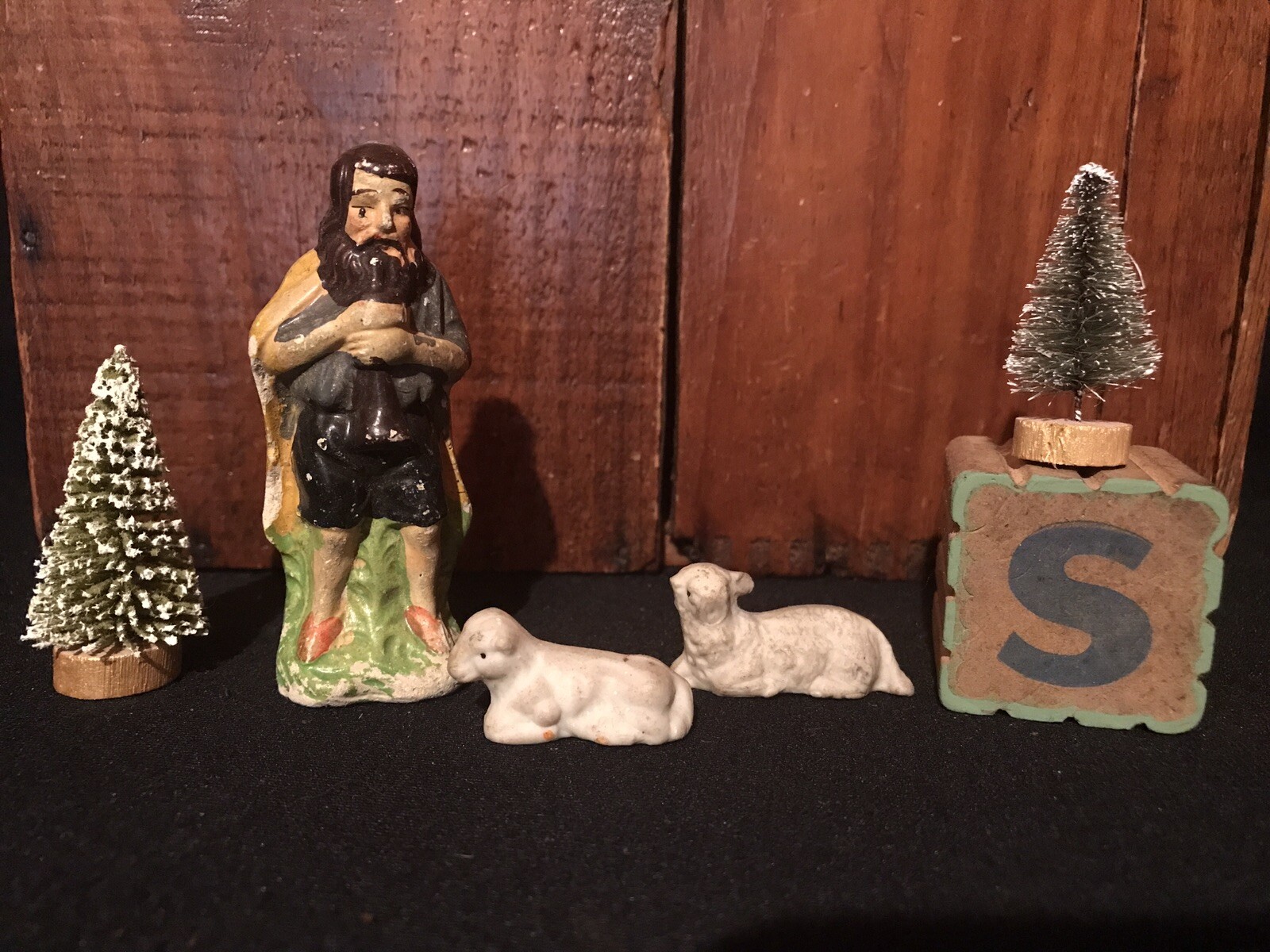 Antique Christmas Chalkware Shepherd & Sheep, Bottlebrush Trees & Toy Block AAFA