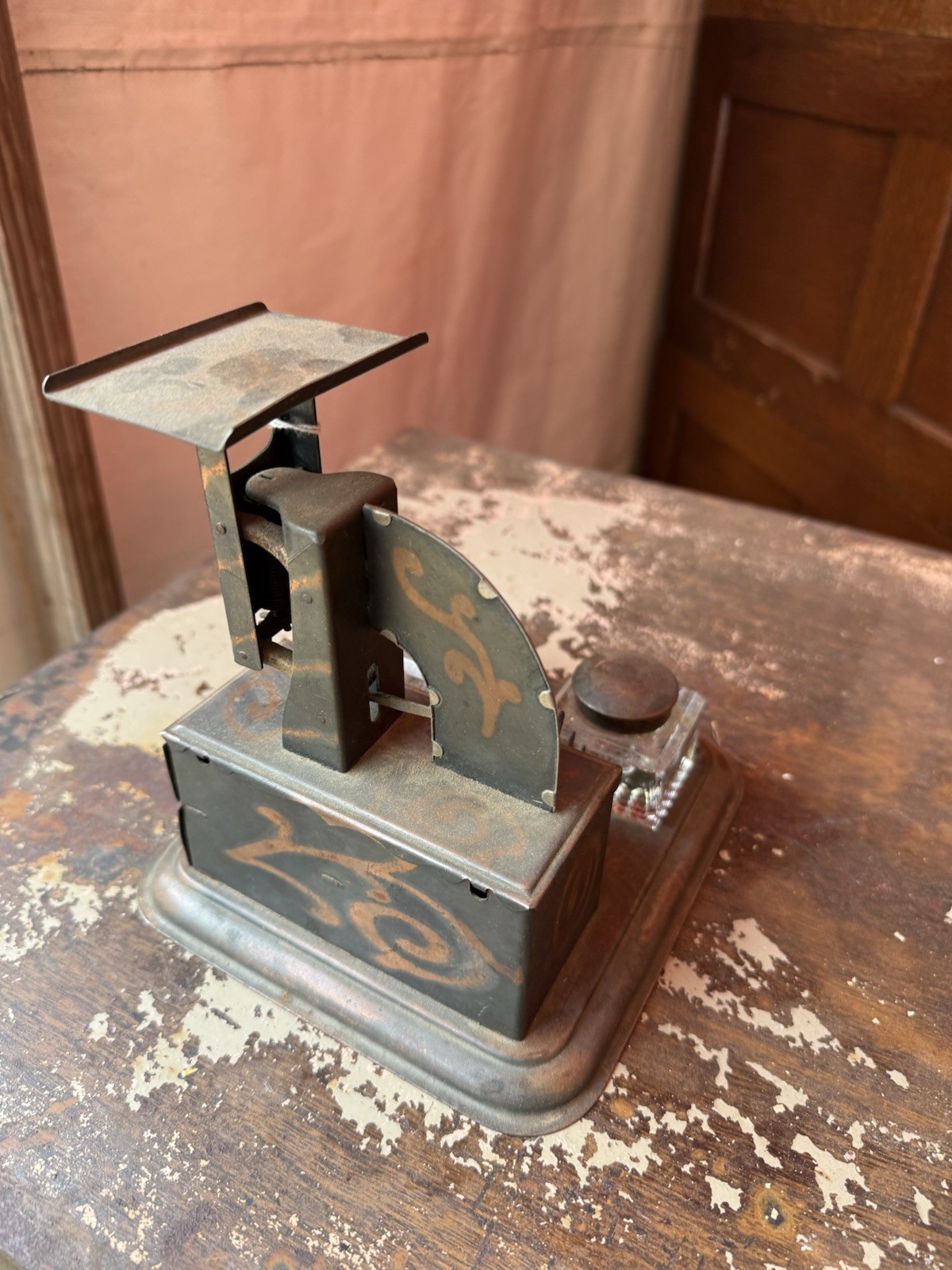 Antique “The Gem” Postal Scale Inkwell Desk Set Japan Finish Copper Flash