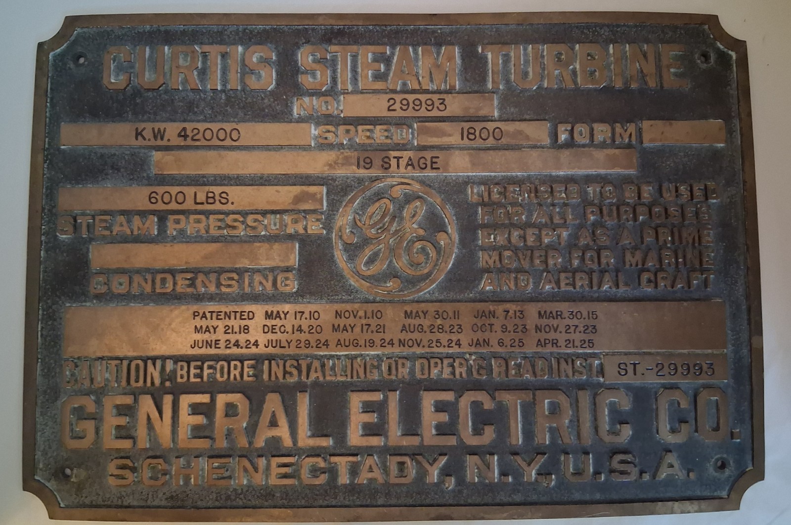 Curtis Steam Turbine General Electric Co Heavy Brass Plaque/Sign – Vintage Rare