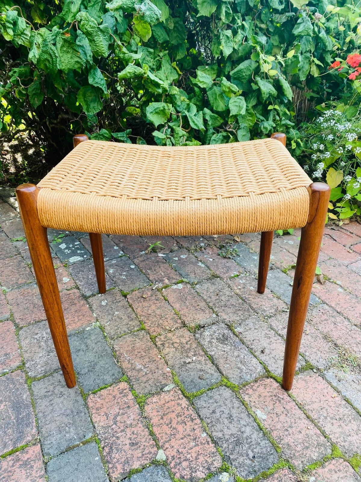 Vintage Niels Otto Møller Model 80a Ottoman, Danish Modern Teak and Paper Cord