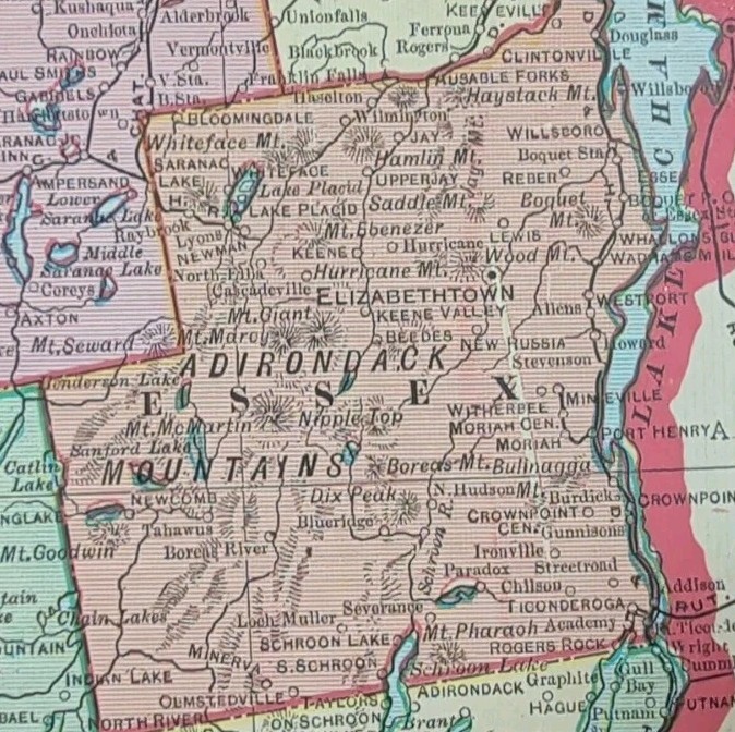 Vintage 1907 NEW YORK Map 22″x14″ ~ Old Antique Original ADIRONDACK MOUNTAINS NY