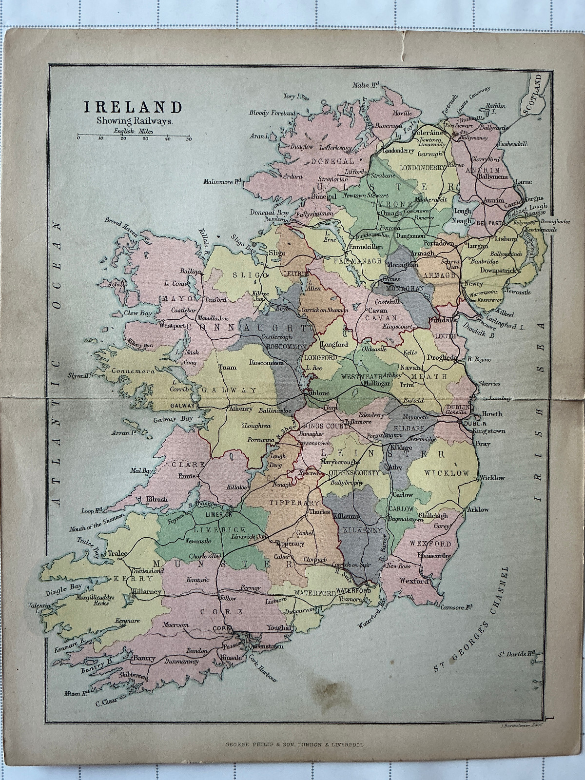 IRELAND 1881 Antique County Map George Philips Railways Cork Londonderry Atlas