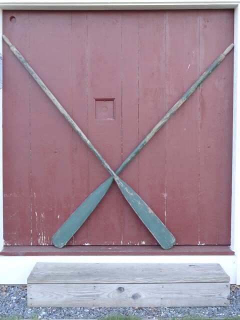 Antique Boat Oars 7 1/2′ Long Wonderful Old Green Paint Decorative Copper Tips