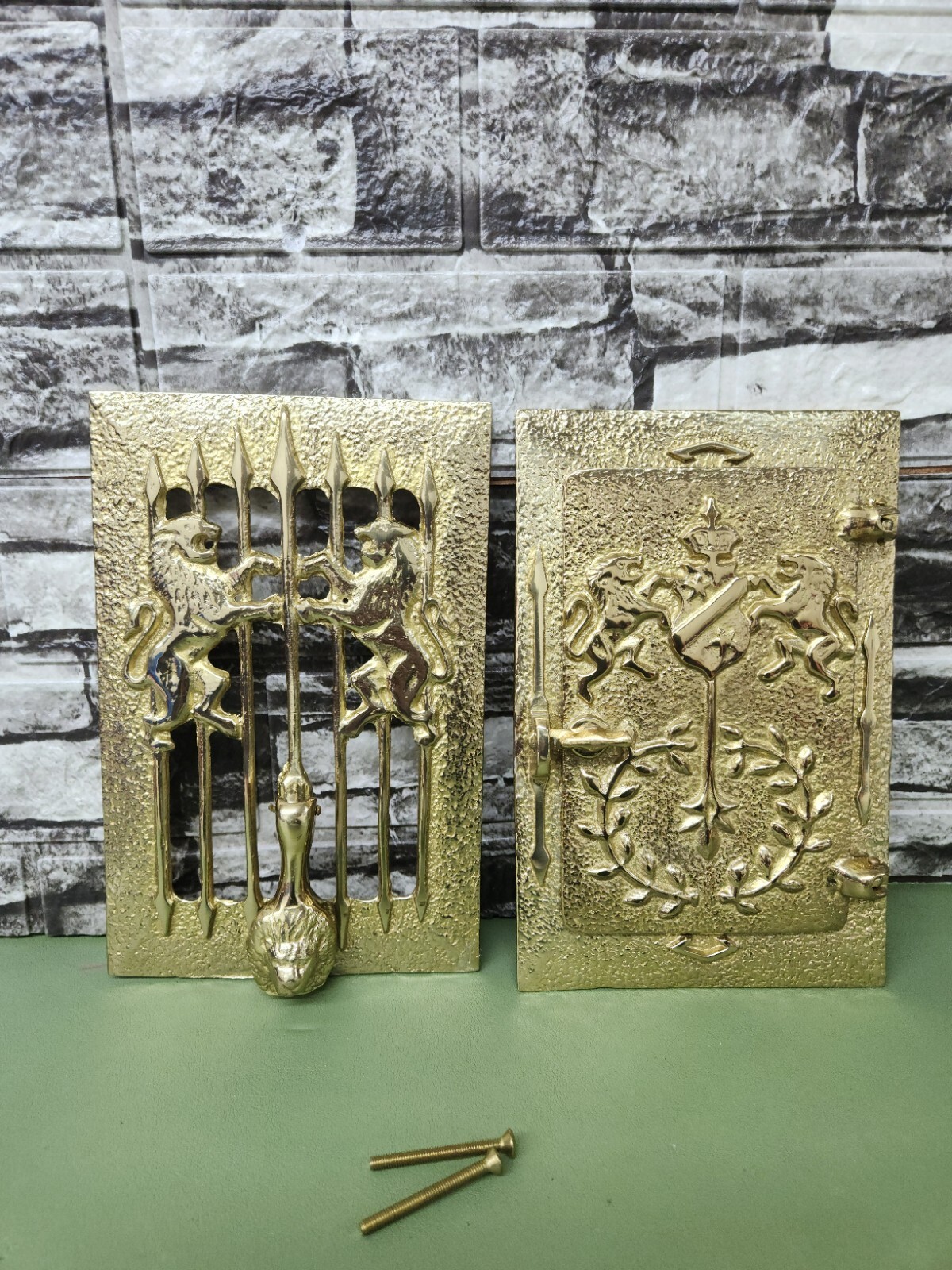 Vintage Lions Brass Speakeasy With Door Knocker And Peep Hole Complete Set New