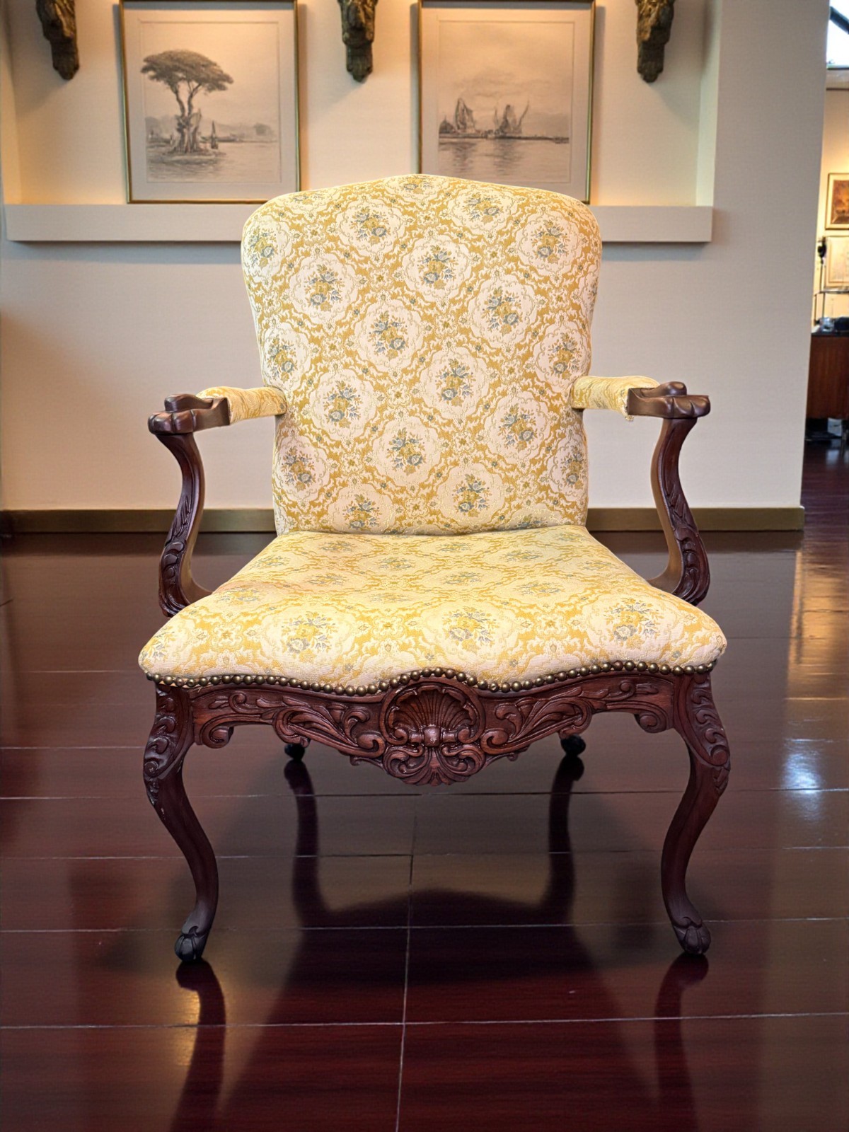 Vintage Victorian Revival Carved Mahogany Arm Chair Damask Upholstery