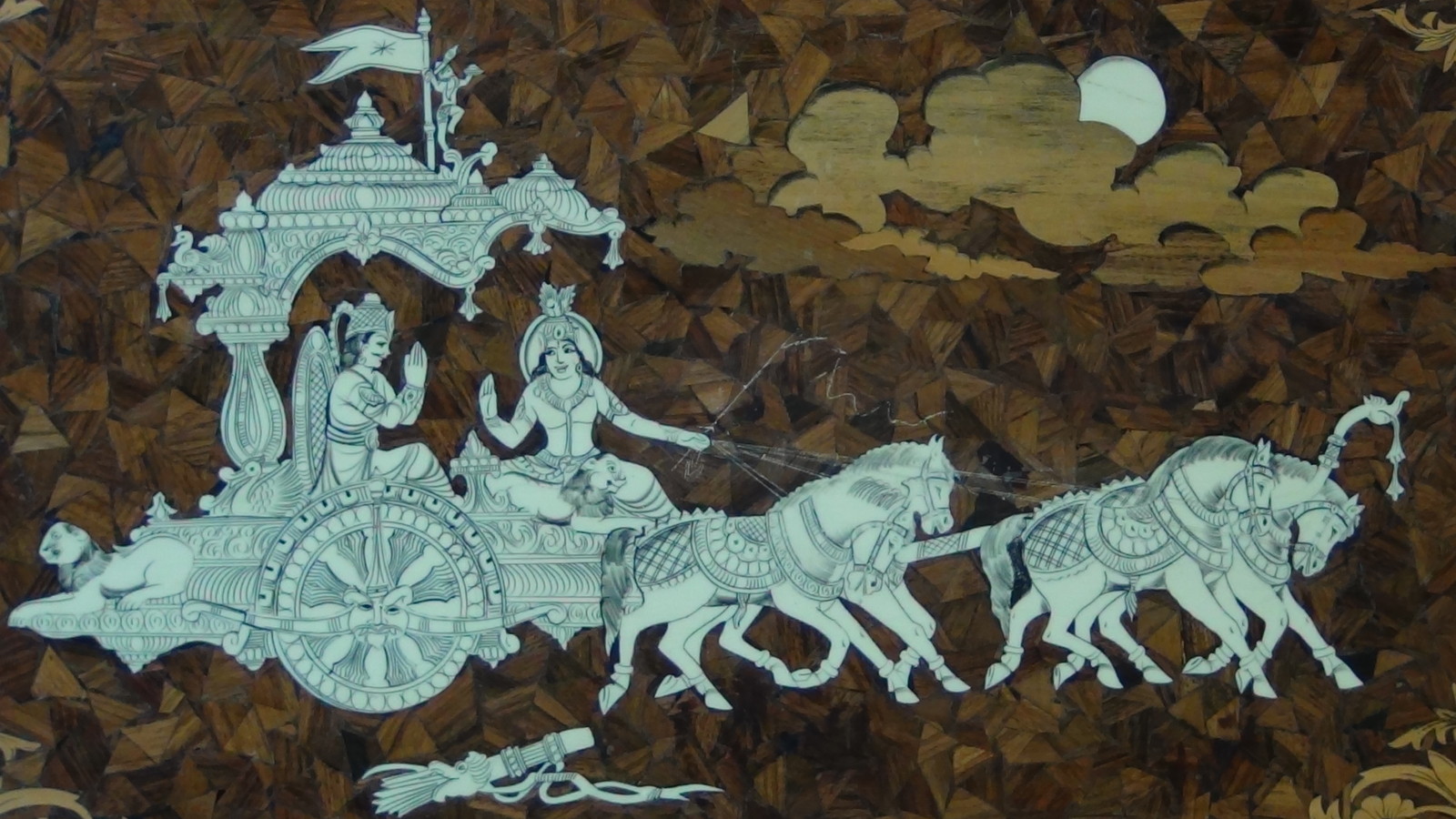 ANTIQUE 19c SOUTHEAST ASIA WOOD INLAID WALL PLAQUE WITH GODDESS ON CHARIOT