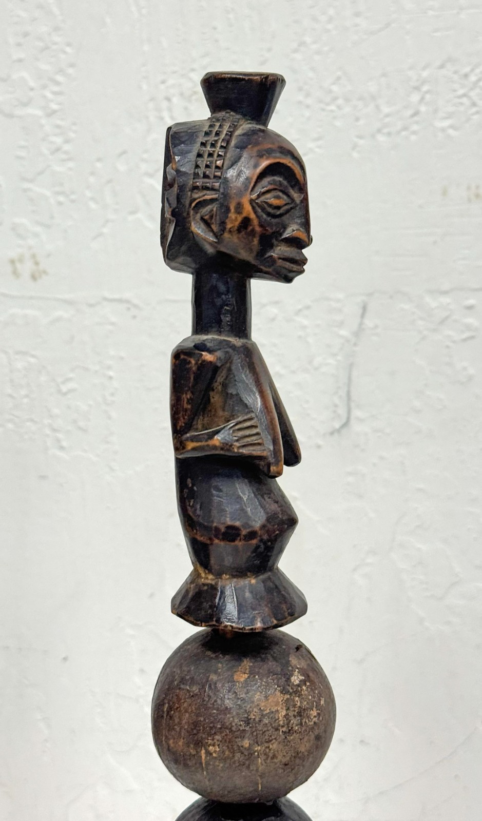 Old worn Luba Style Rattle with two balls, Custom mount Female figure, 11 1/2″
