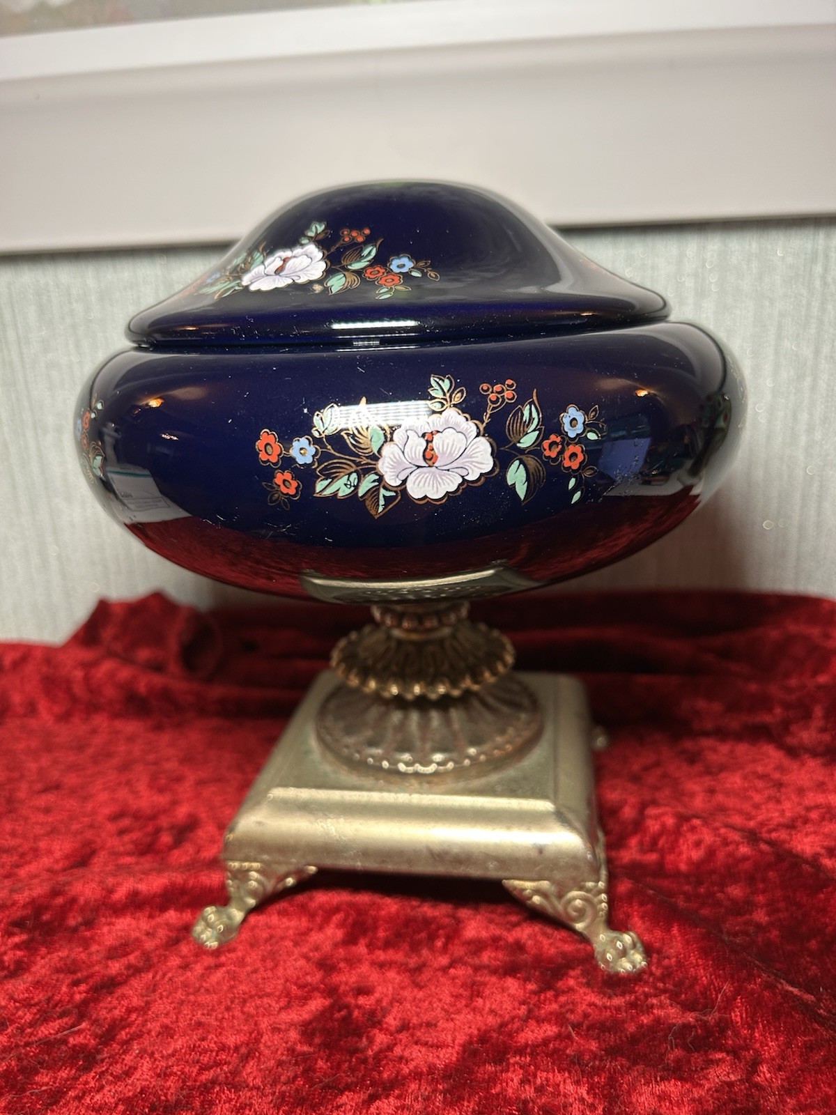 Vintage Midnight Blue & Metal Bon Bon Dish Trinket Dish Hand Painted Floral