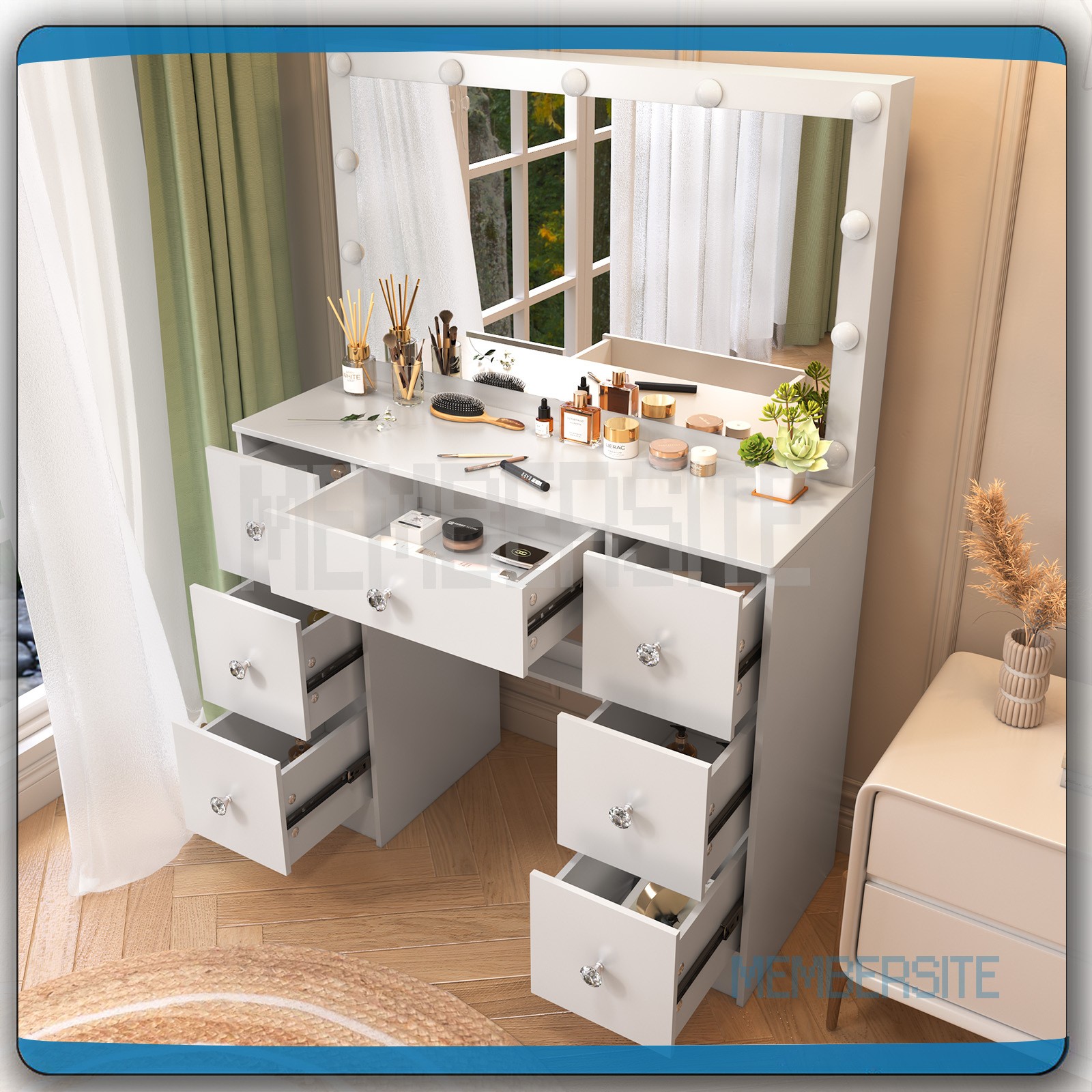 Large Vanity Table Set with LED Lights Mirror and 7 Drawers Makeup Vanity Set