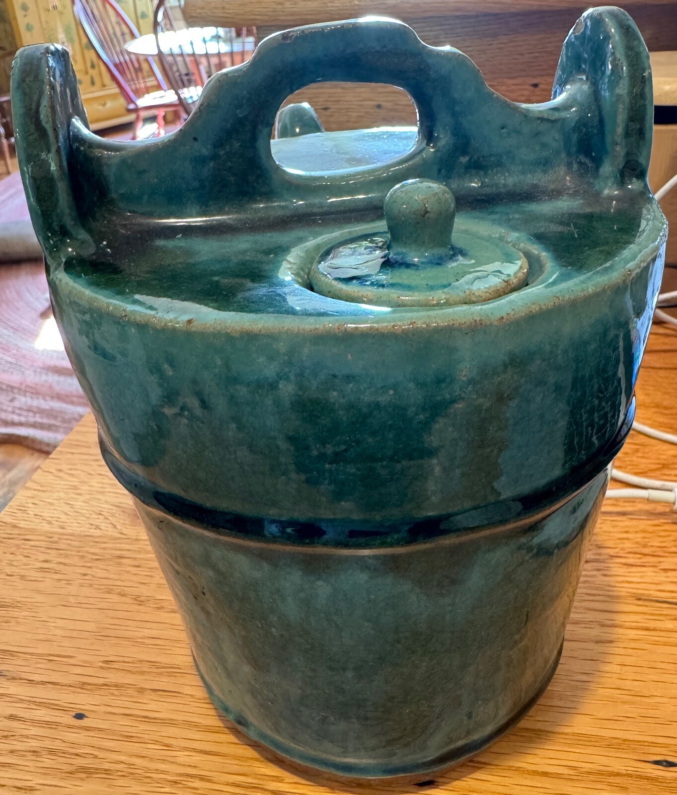 Antique green teapot stoneware pottery Shiwan. Signed on bottom – see photo