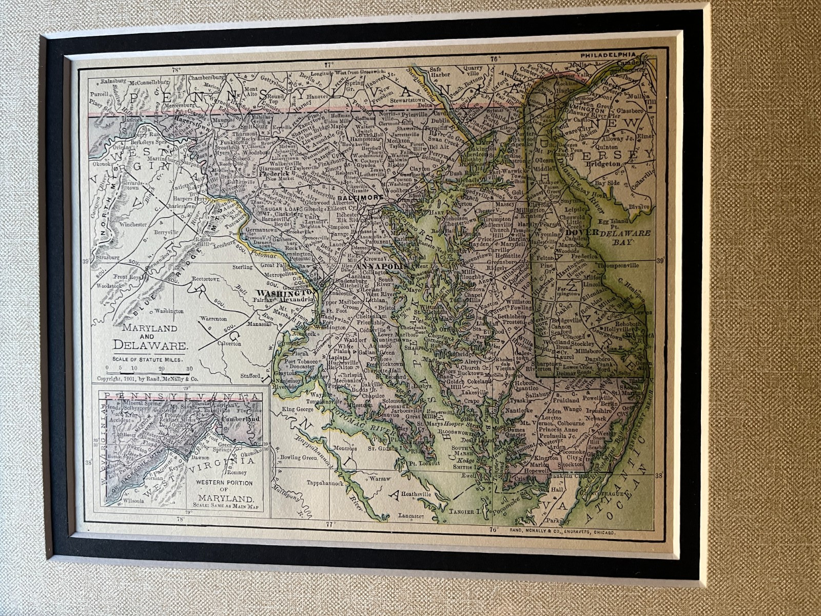 1901 MARYLAND & DELAWARE State Map fm 1908 Rand-McNally Dollar Atlas SEE DESCRIP