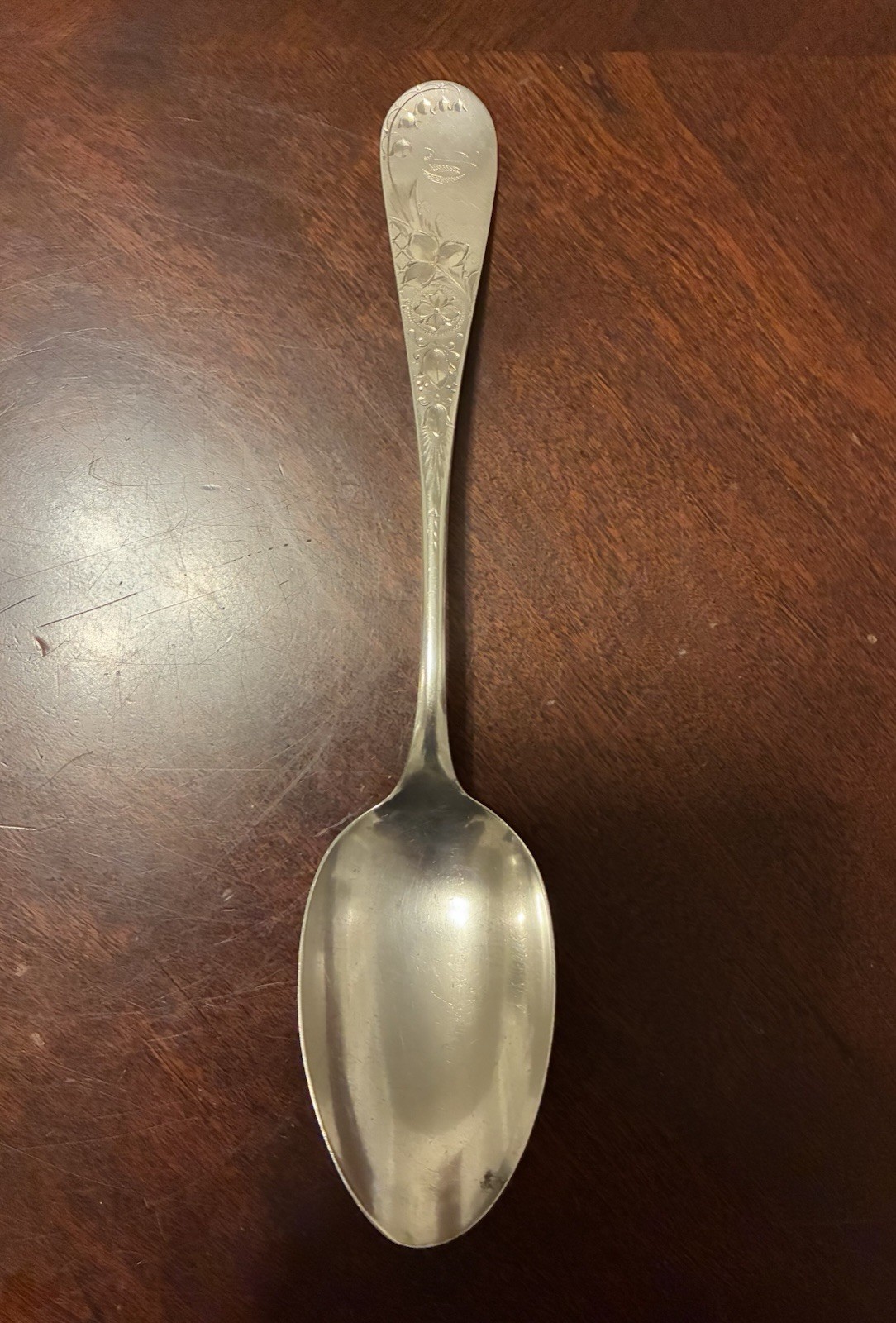 Antique Bright Cut Sterling Silver Serving Spoon 8″