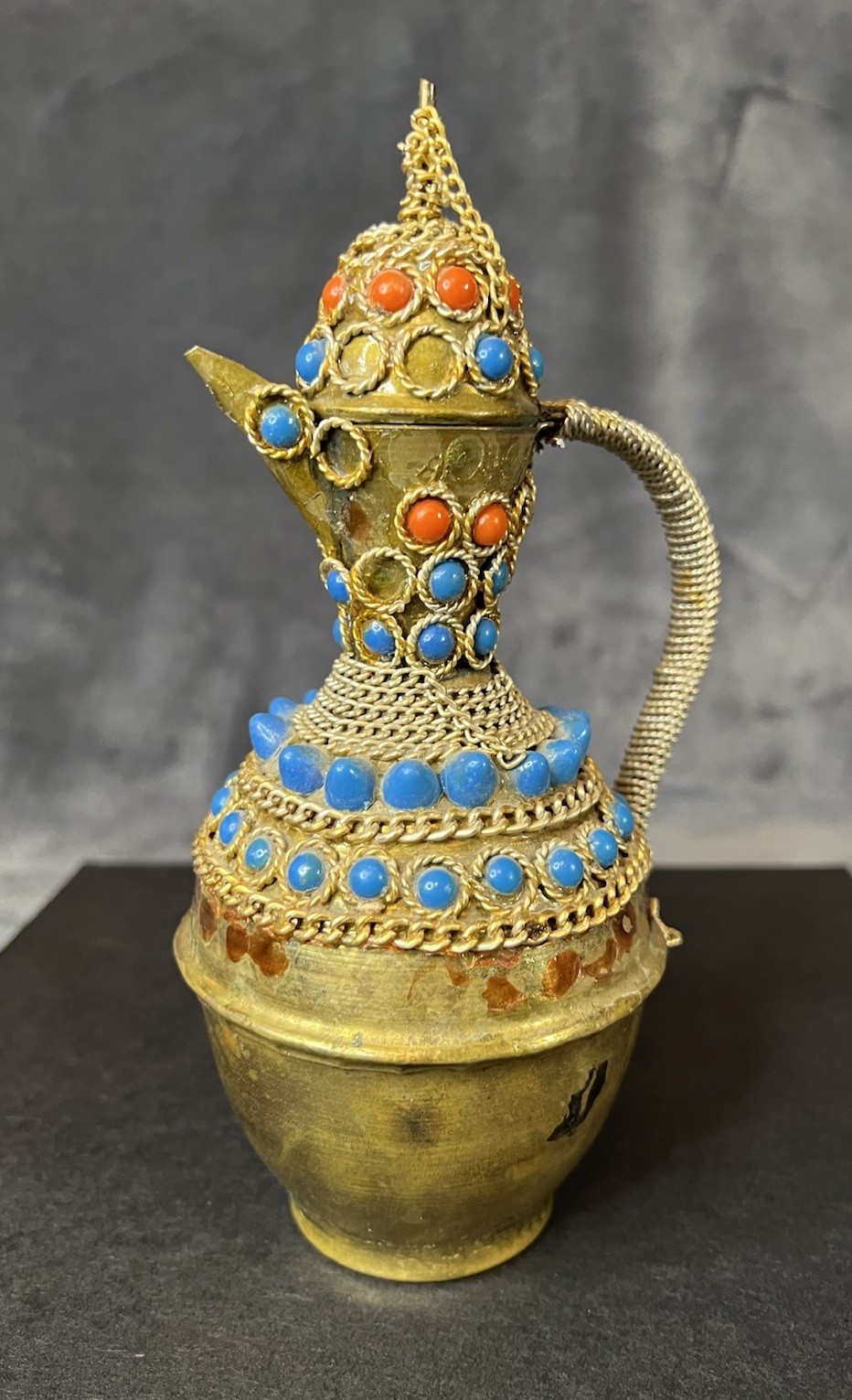 Vintage Middle Eastern Brass Hand Beaded Faux Water Pitcher W/ Gold & Turquoise