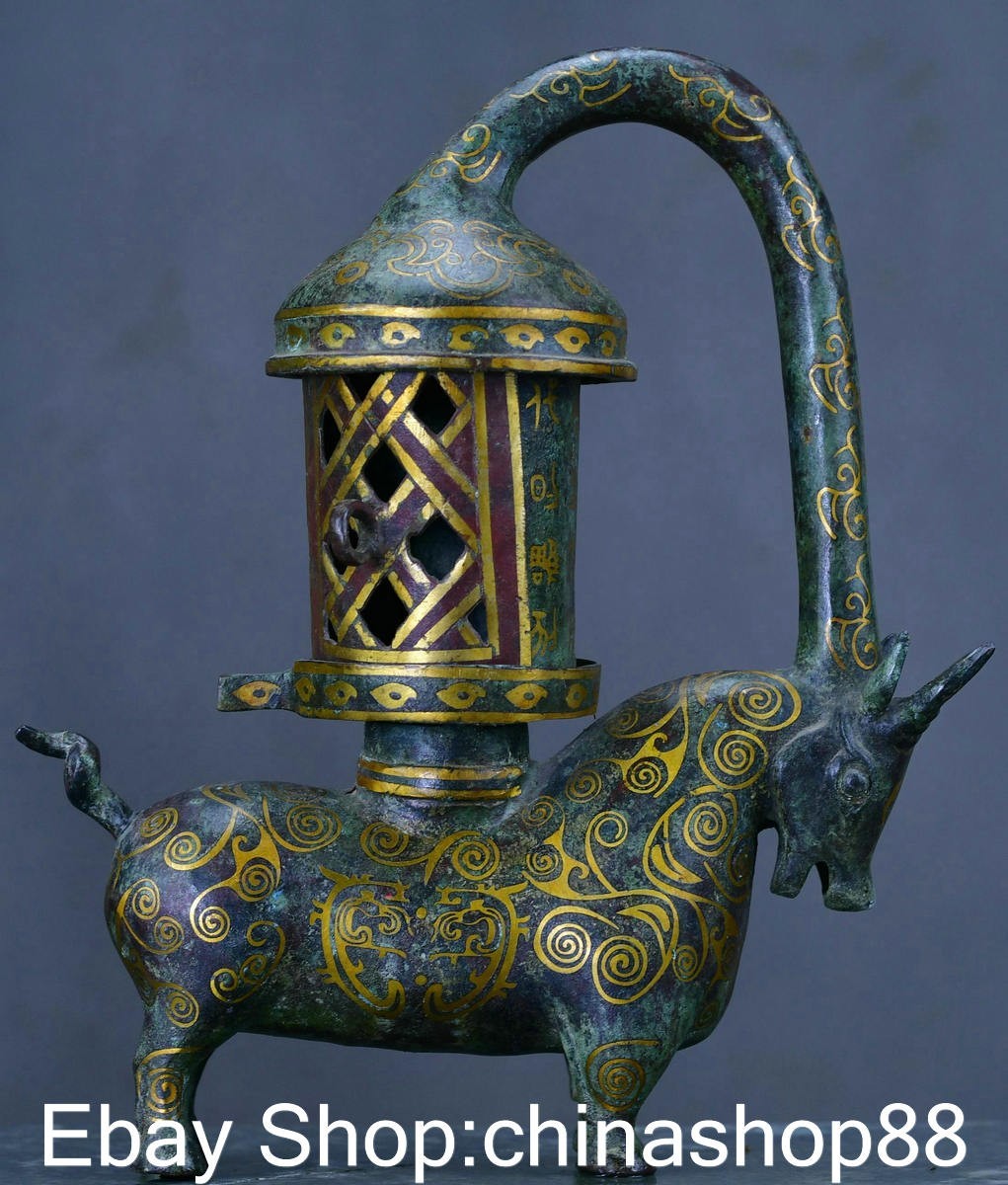 12″ Old Chinese Bronze Ware Gilt Dynasty Handheld Bull Beast Palace Lantern