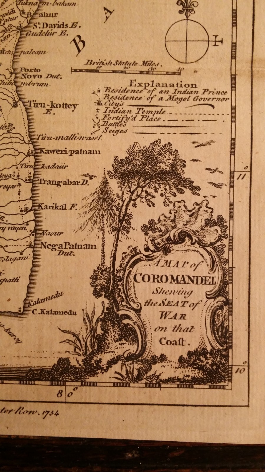 1754 ORIGINAL ANTIQUE COPPERPLATE MAP – COROMANDEL COAST INDIA – SEAT OF WAR