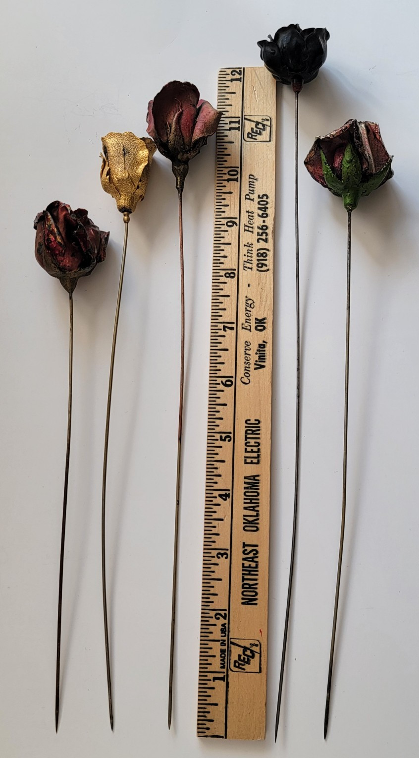 5 ROSE HATPINS Delamothe, Black DEPOSE Metal, Gold Plate w Center Stone & Holder