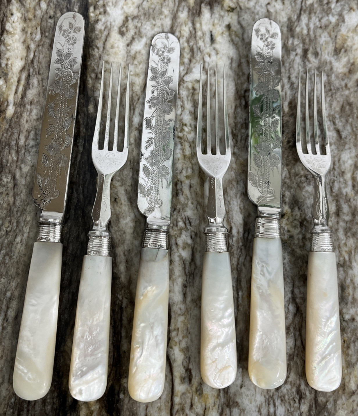 ANTIQUE Mother of Pearl 3 Knives & 3 Forks Sterling Band Plated Tongs Blades