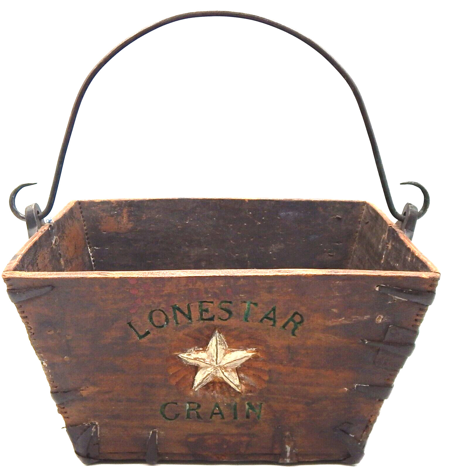 Primitive Lone Star Hand Carved Wood Grain Square Carrier W/Iron Handle Rustic
