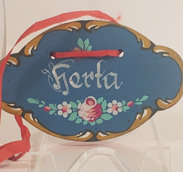 Vintage German Hand Painted Floral “Gerta” Wood Plaque Red Ribbon Folk Art