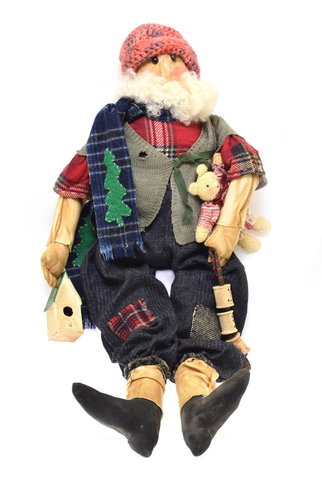 Primitive Handmade Santa Claus Plaid Scarf Green Vest Teddy Bear -One of a Kind