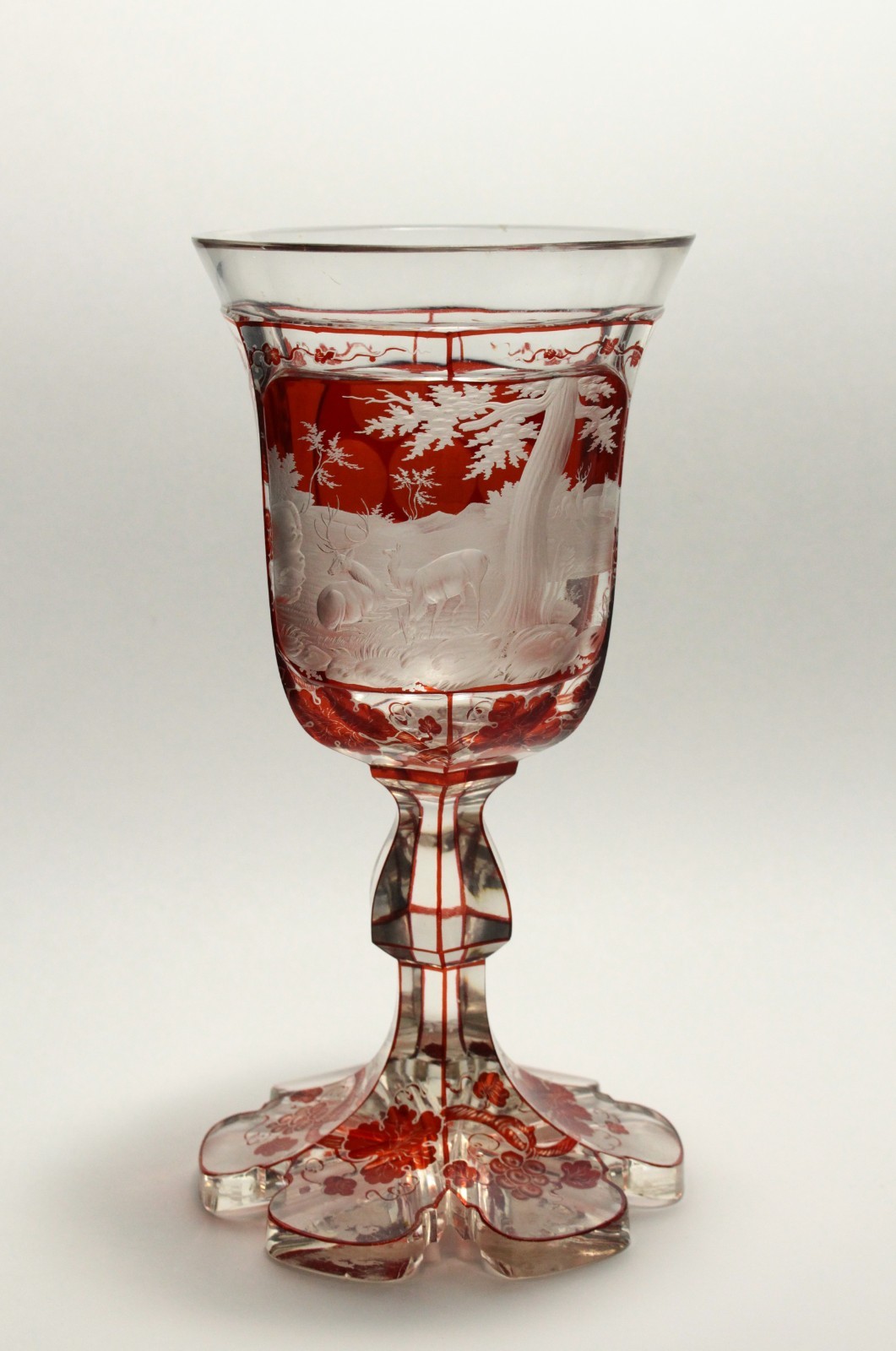 = Dated 1854 Bohemian Ruby Red Cut to Clear Crystal Glass Chalice Goblet w Views