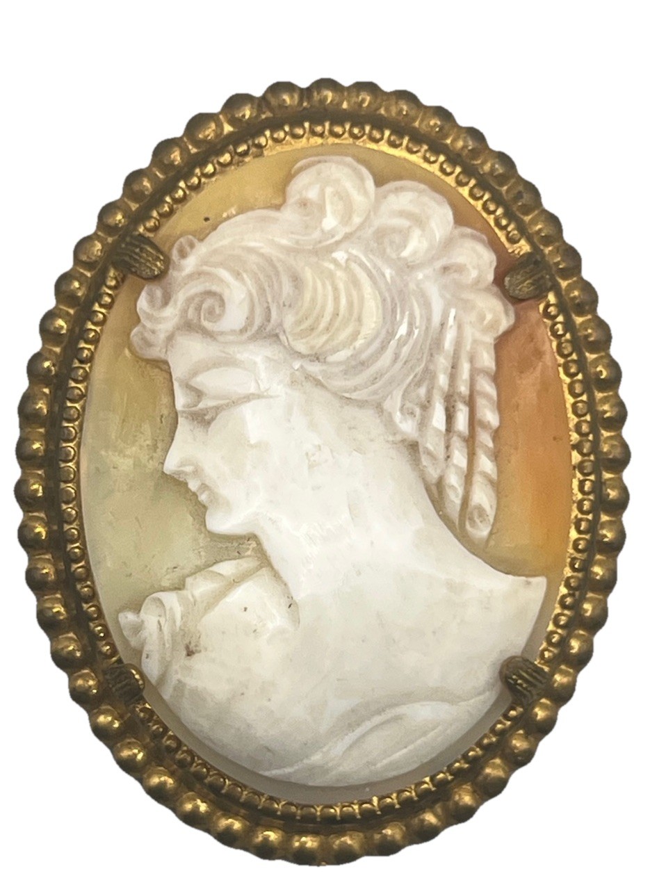 Antique Victorian Shell Comeo Brooch Fine Carved Classic Figure Gilt Metal Frame