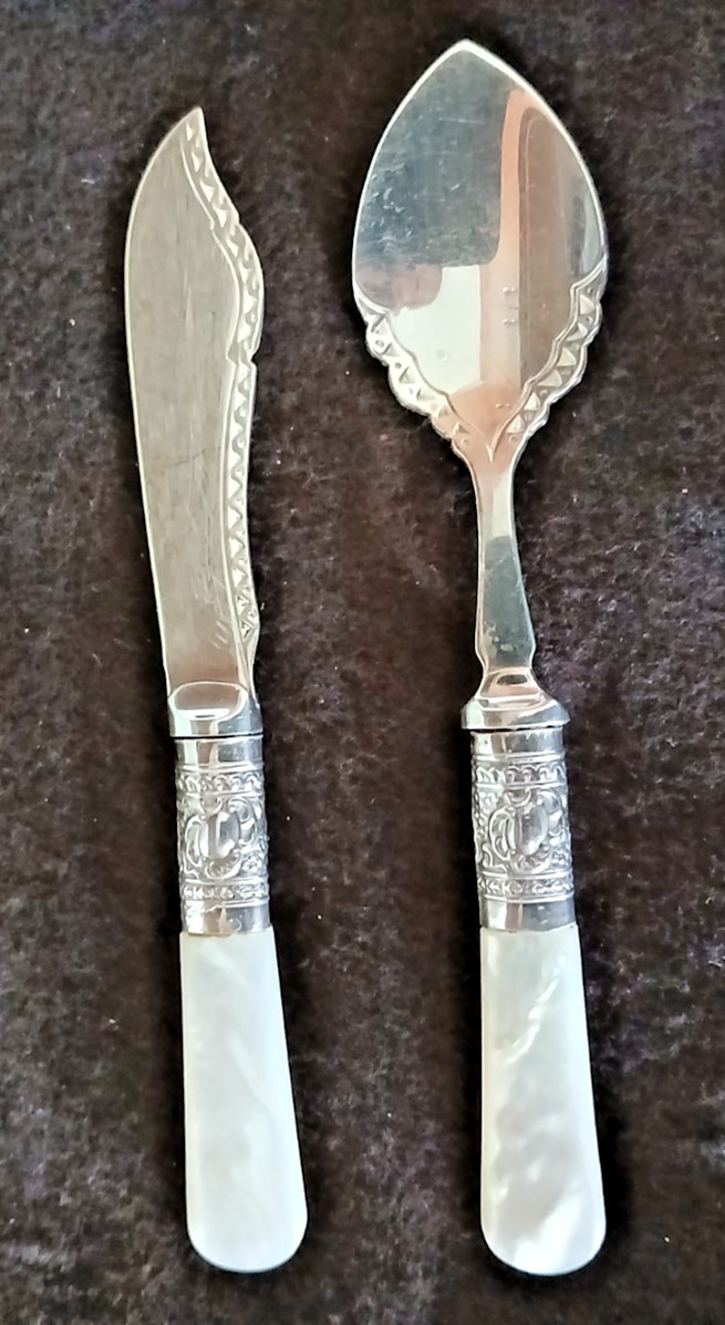 JB Sheffield England Knife & Spoon Condiment Set with Mother of Pearl Handles