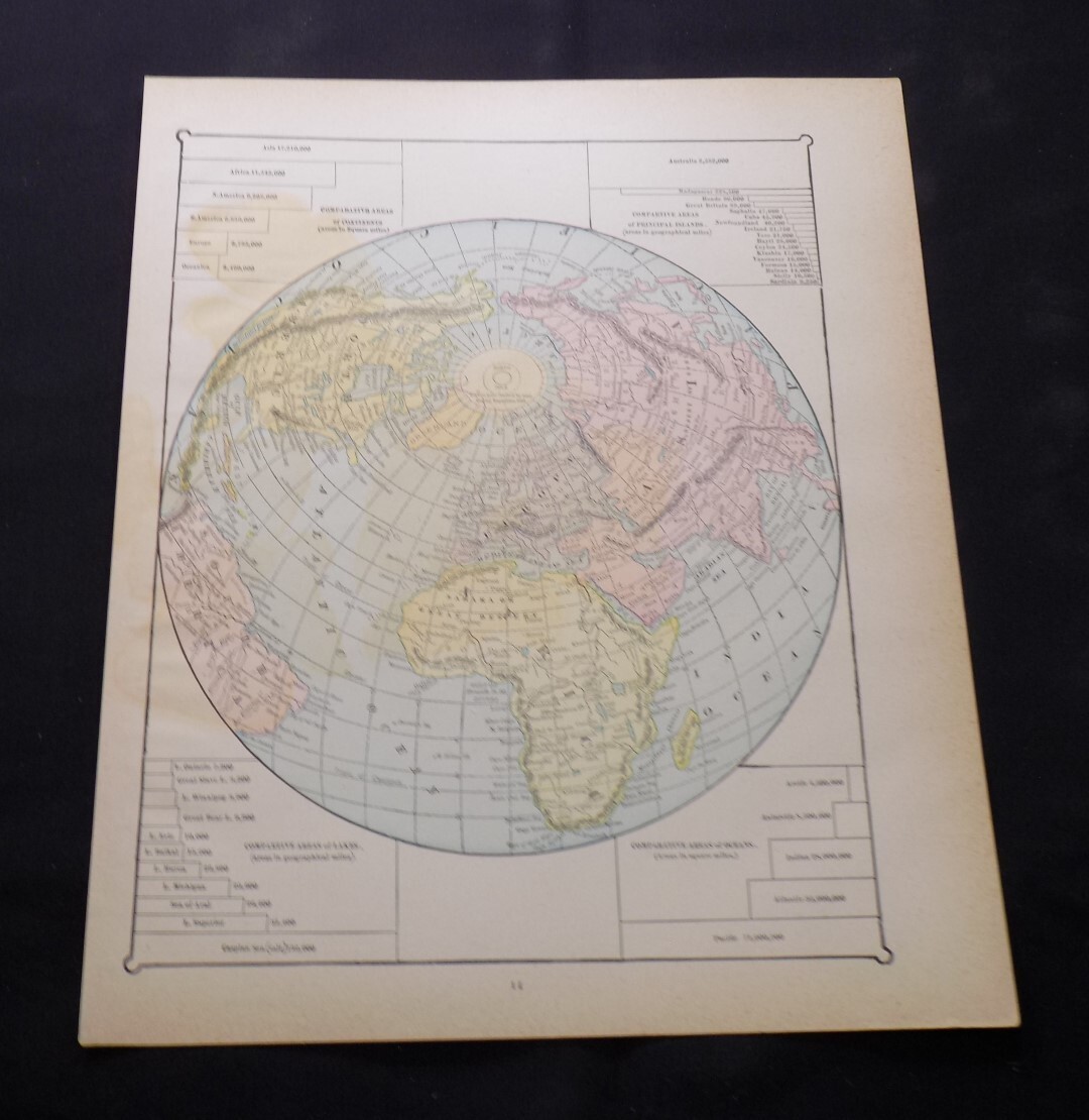 1890 Antique COLOR Map / WESTERN HEMISPHERE, b/w NORTH POLAR WORLD