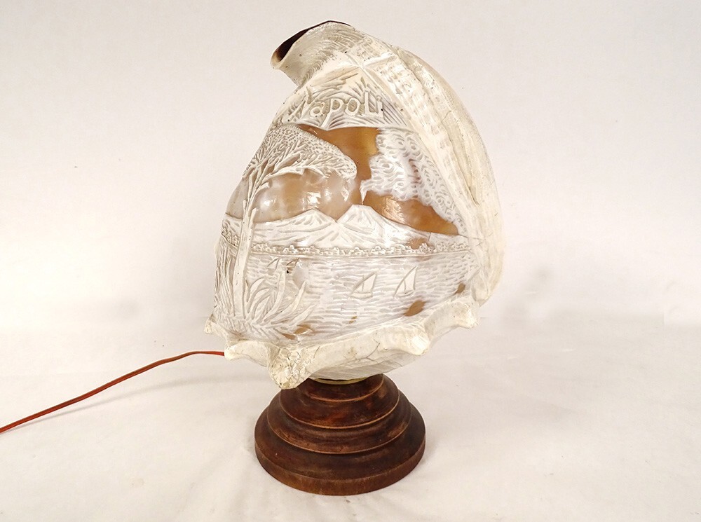 Shell Night Light Engraved Cameo Naples Italy Vesuvius Boats 20th Century