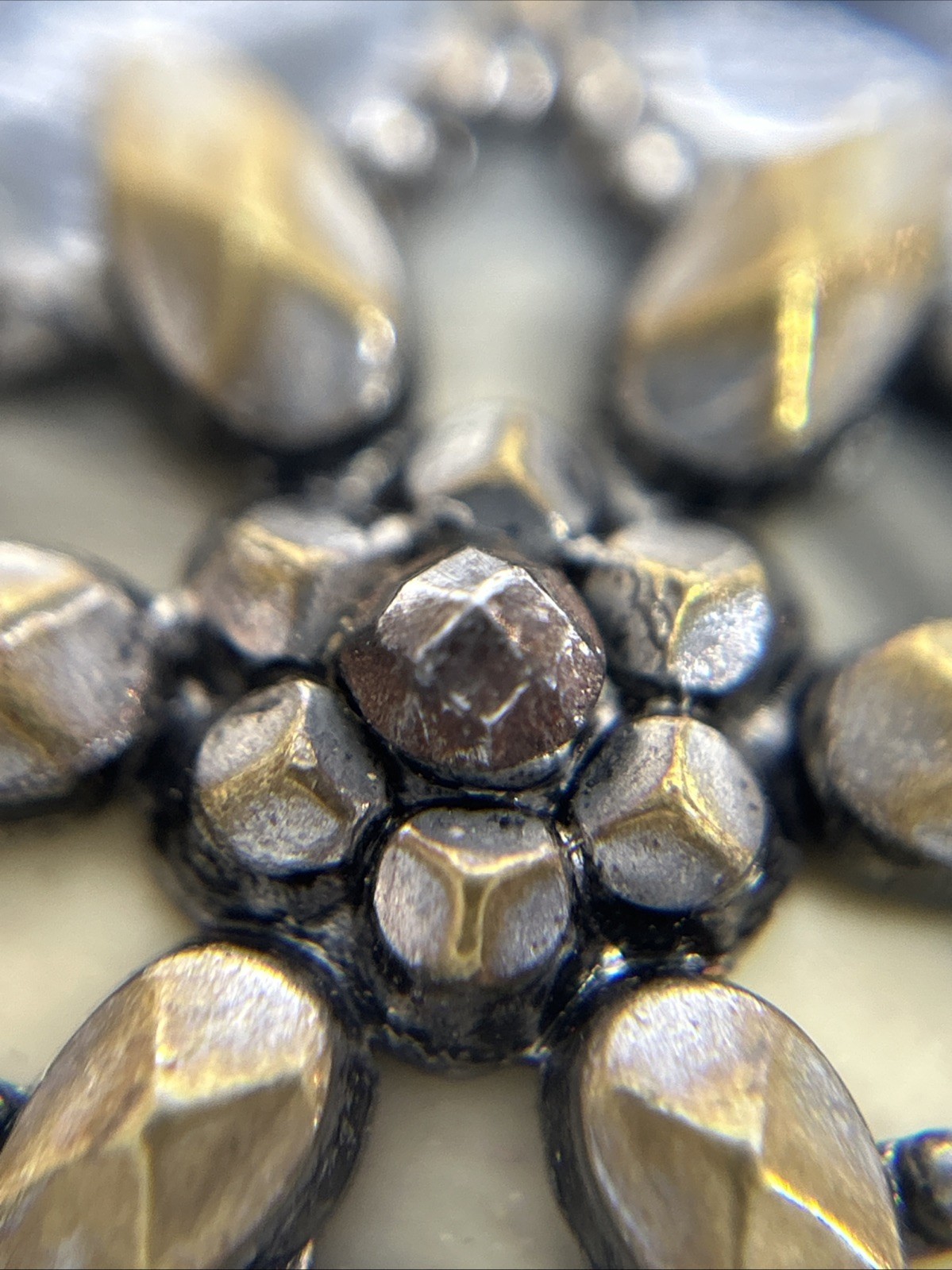 Antique Metal Celluloid Button Multifaceted Cut Steel Flower Centerpiece